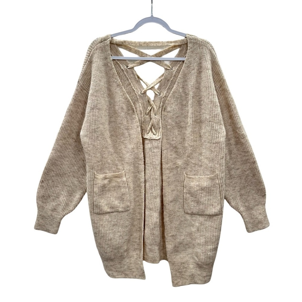 CBRAND Women L Open Cardigan Long Knit Wool Spandex Blend Back Cross Tie